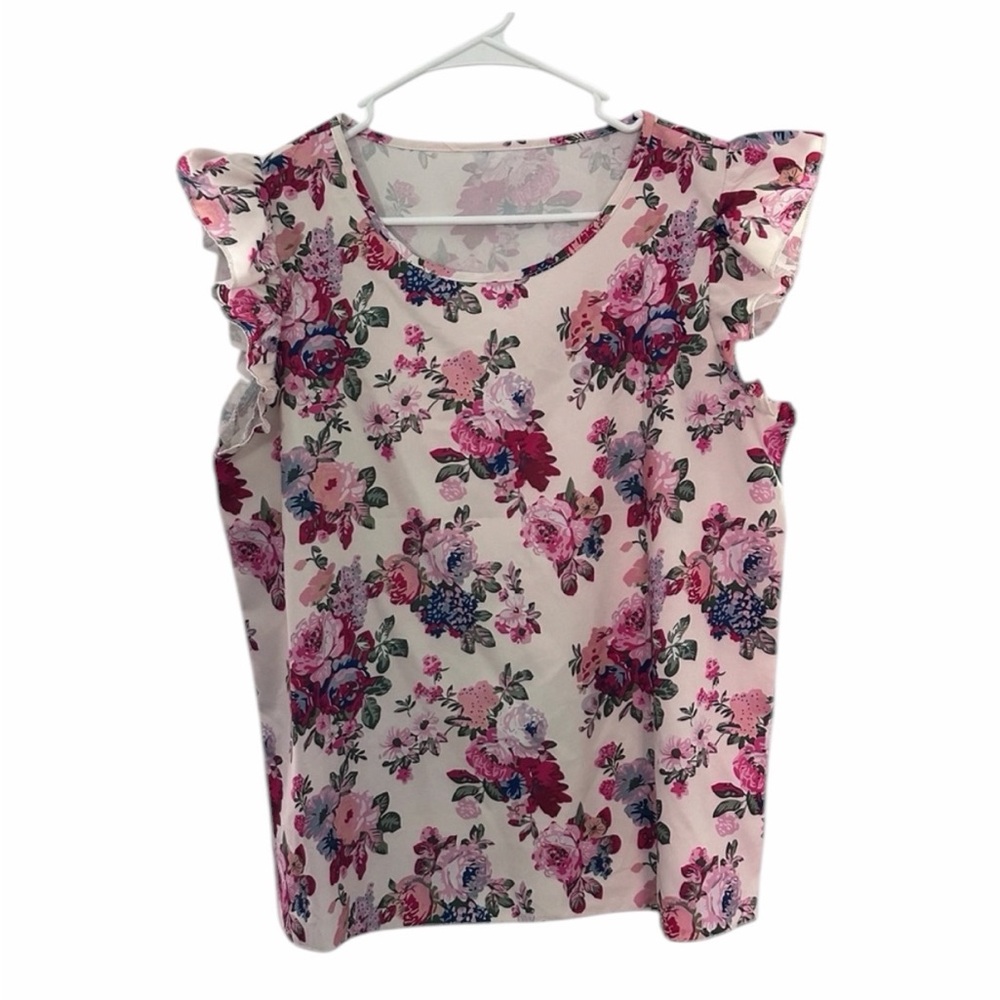 Woman’s Floral Print Ruffled Sleeve Blouse Size Large - NWOT - PTP 21”